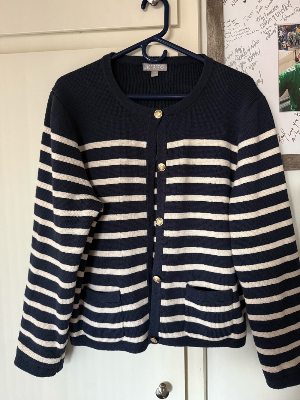 J. Crew Navy and White Striped Knit Blazer with Gold Buttons